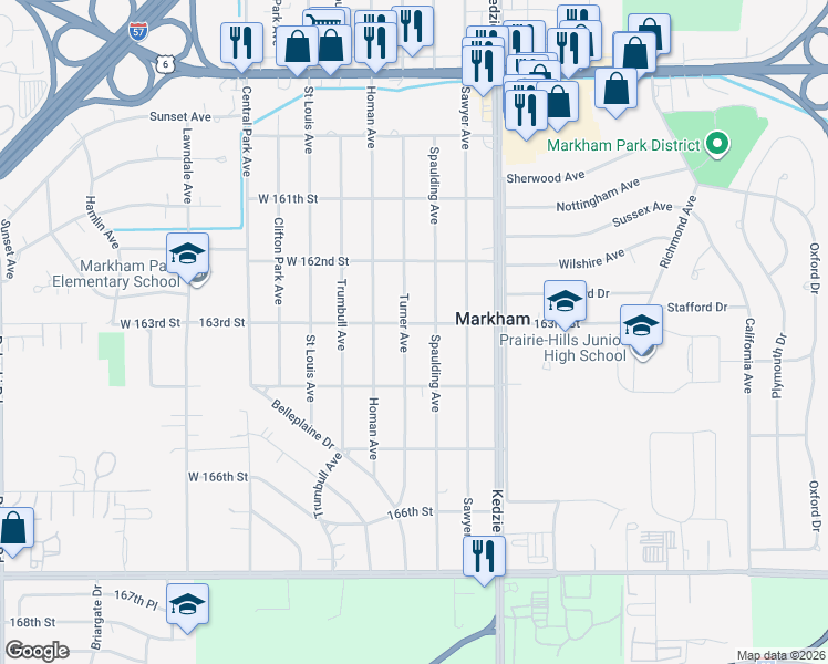 map of restaurants, bars, coffee shops, grocery stores, and more near 16305 163rd Street in Markham