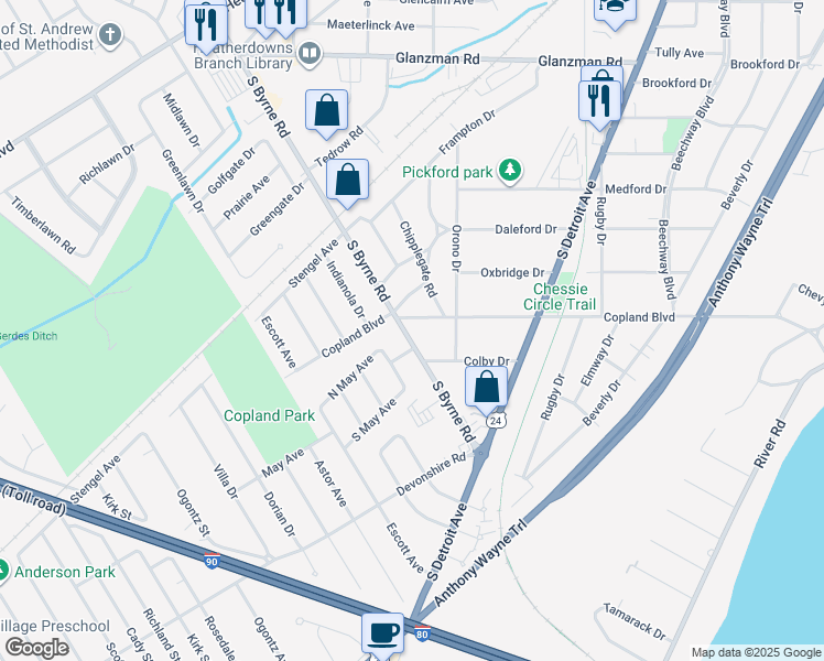 map of restaurants, bars, coffee shops, grocery stores, and more near 3025 South Byrne Road in Toledo