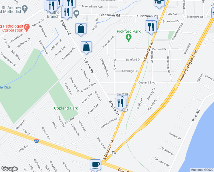 map of restaurants, bars, coffee shops, grocery stores, and more near 3131 Copland Boulevard in Toledo