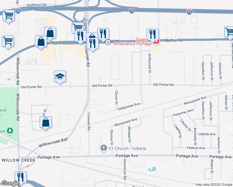 map of restaurants, bars, coffee shops, grocery stores, and more near 2001 Clover Court in Portage