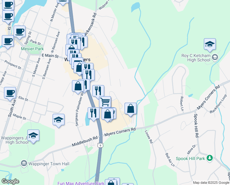 map of restaurants, bars, coffee shops, grocery stores, and more near 214 Sterling Drive in Wappingers Falls