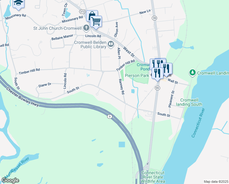 map of restaurants, bars, coffee shops, grocery stores, and more near 62 South Street in Cromwell
