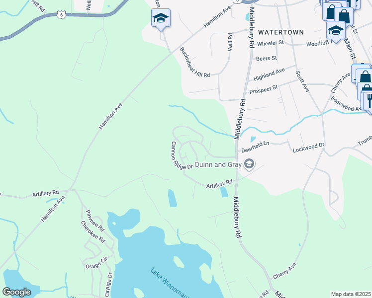 map of restaurants, bars, coffee shops, grocery stores, and more near 112 Cannon Ridge Drive in Watertown