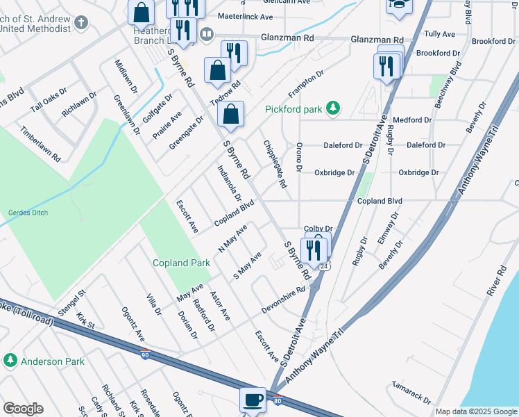 map of restaurants, bars, coffee shops, grocery stores, and more near 4509 Copland Boulevard in Toledo