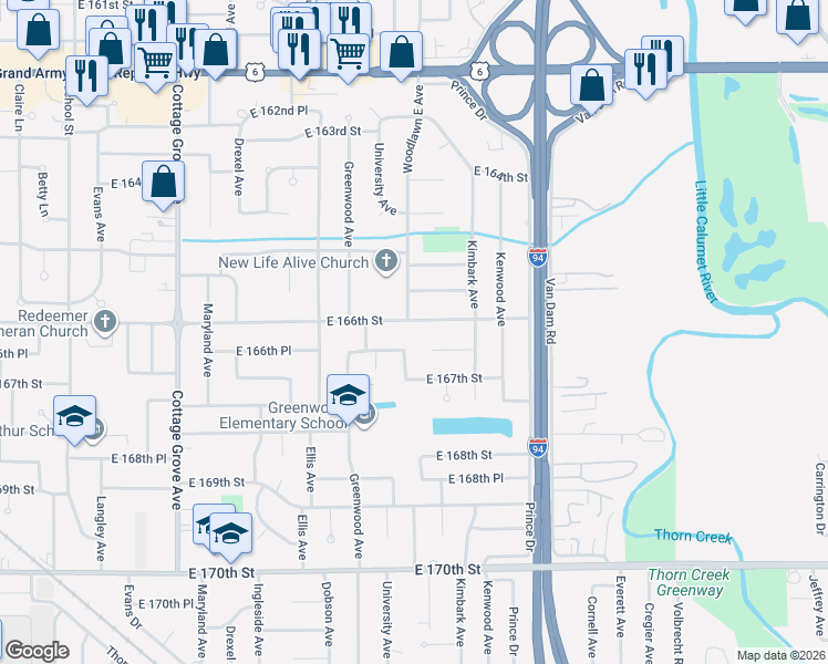 map of restaurants, bars, coffee shops, grocery stores, and more near 1201 East 166th Street in South Holland