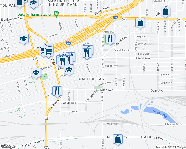 map of restaurants, bars, coffee shops, grocery stores, and more near 306 East 17th Street in Des Moines
