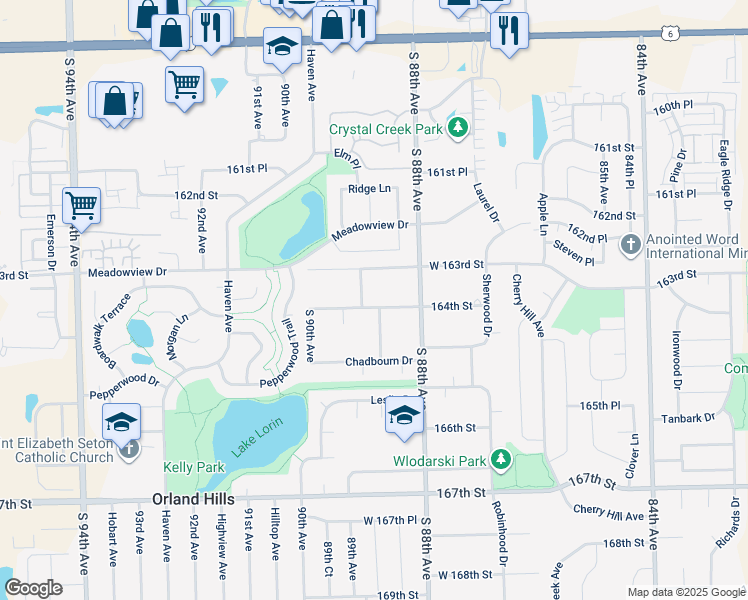 map of restaurants, bars, coffee shops, grocery stores, and more near 8840 West 164th Street in Orland Park