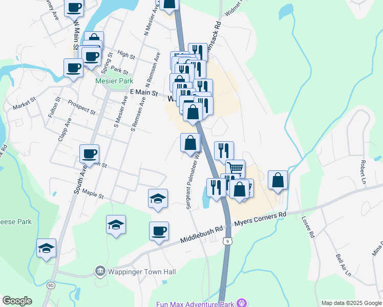 map of restaurants, bars, coffee shops, grocery stores, and more near 797 Old Route 9 North in Wappingers Falls