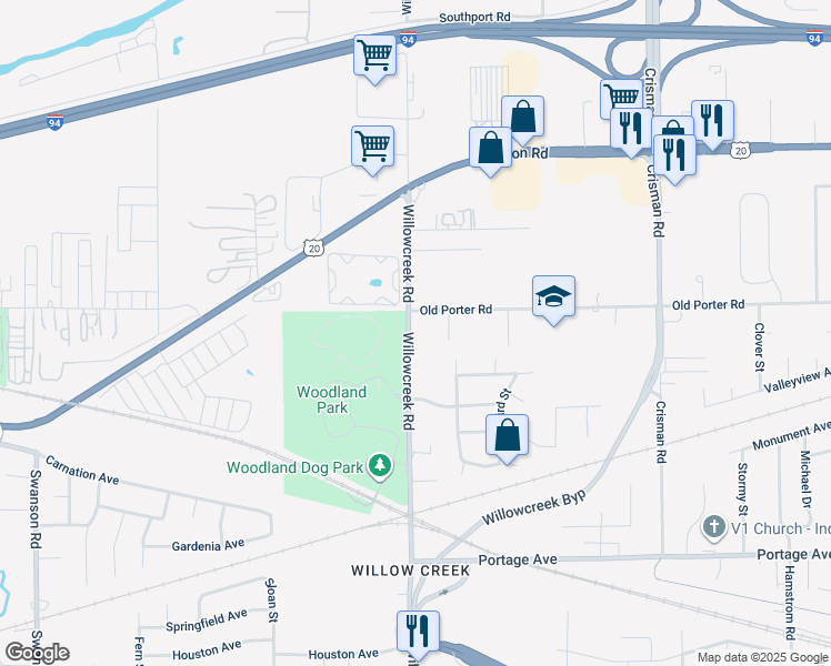 map of restaurants, bars, coffee shops, grocery stores, and more near 2023 Willowcreek Road in Portage