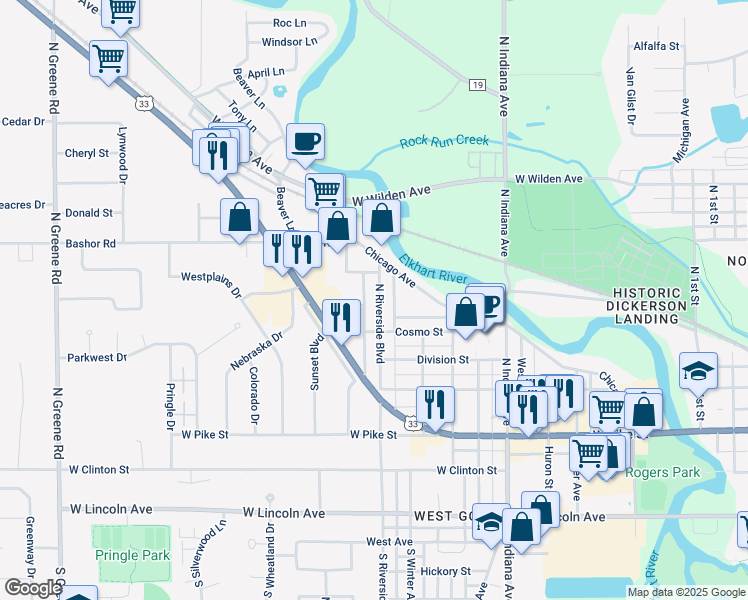 map of restaurants, bars, coffee shops, grocery stores, and more near 615 North Riverside Boulevard in Goshen