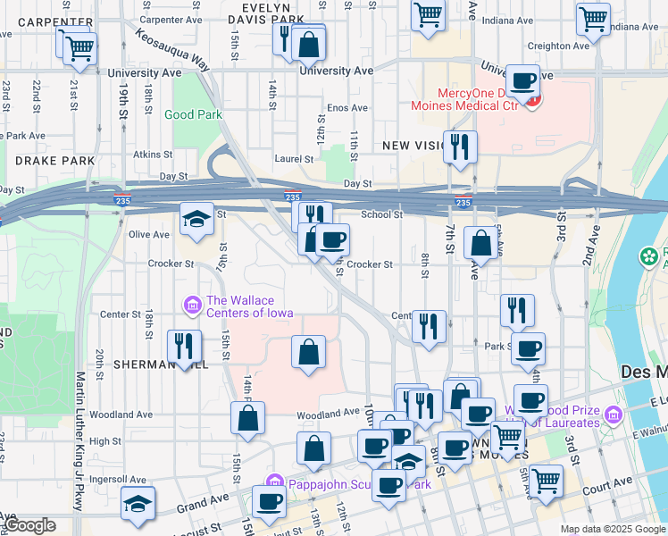 map of restaurants, bars, coffee shops, grocery stores, and more near 1240 Keosauqua Way in Des Moines