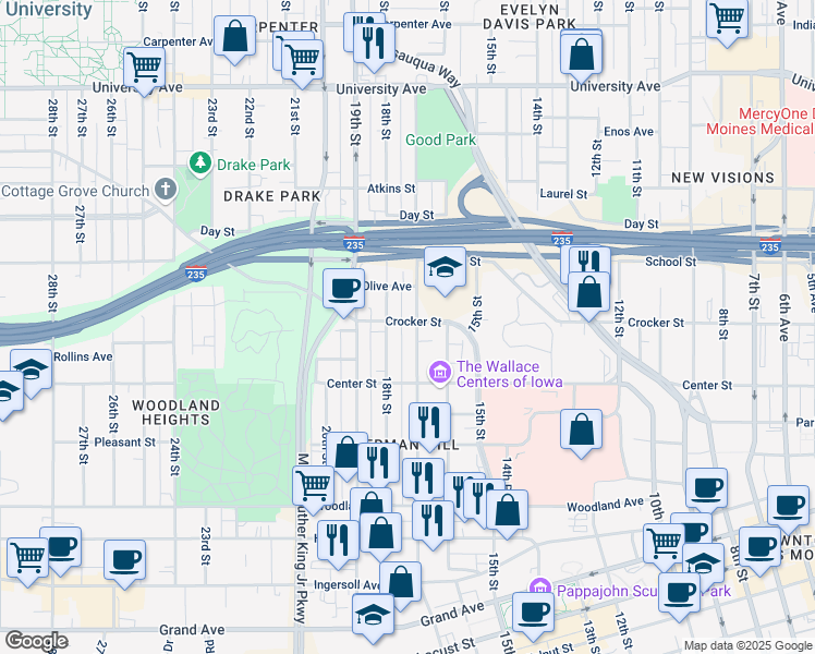 map of restaurants, bars, coffee shops, grocery stores, and more near 1700 Crocker Street in Des Moines