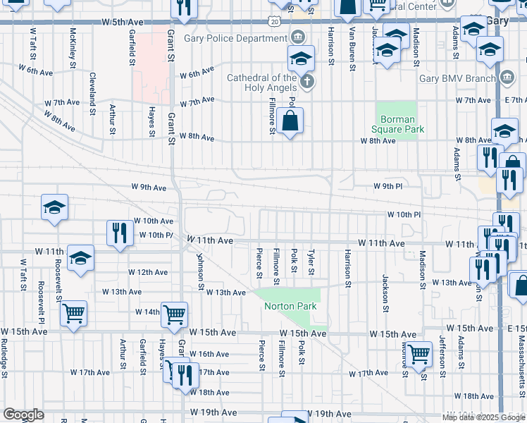 map of restaurants, bars, coffee shops, grocery stores, and more near 1037 Pierce Street in Gary