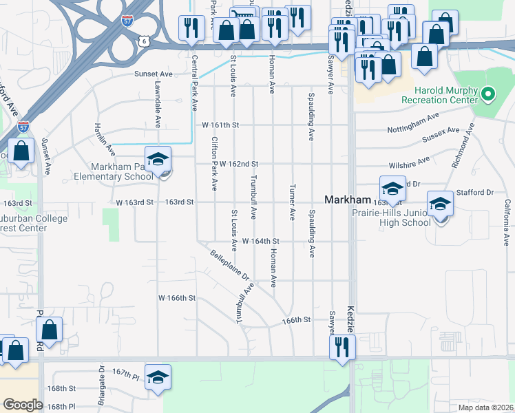 map of restaurants, bars, coffee shops, grocery stores, and more near 8335 163rd Street in Markham