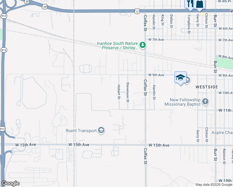 map of restaurants, bars, coffee shops, grocery stores, and more near 1000 Hobart Street in Gary
