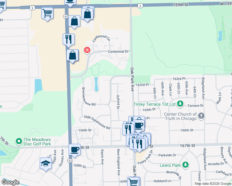 map of restaurants, bars, coffee shops, grocery stores, and more near 16340 Oxford Drive in Tinley Park