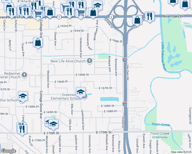 map of restaurants, bars, coffee shops, grocery stores, and more near 1201 East 166th Street in South Holland