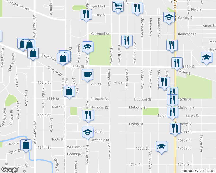 map of restaurants, bars, coffee shops, grocery stores, and more near 268 Vine St in Hammond