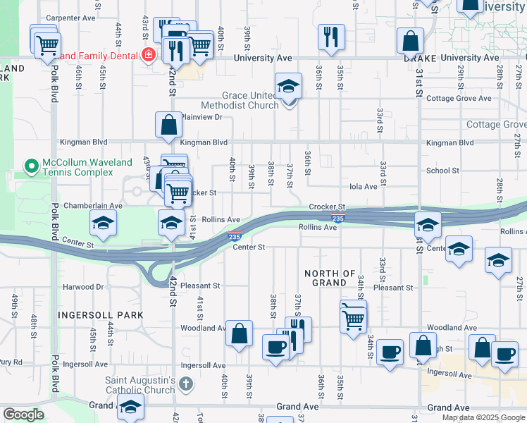 map of restaurants, bars, coffee shops, grocery stores, and more near 3810 Crocker Street in Des Moines