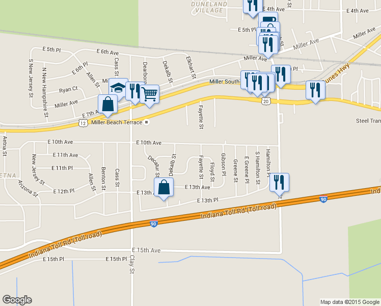 map of restaurants, bars, coffee shops, grocery stores, and more near 5350 East 11th Place in Gary