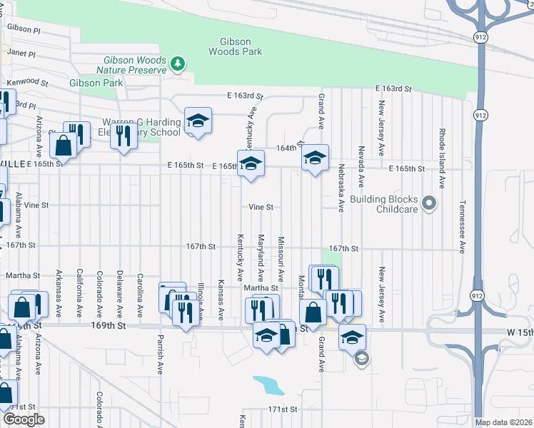 map of restaurants, bars, coffee shops, grocery stores, and more near 6605 Maryland Avenue in Hammond