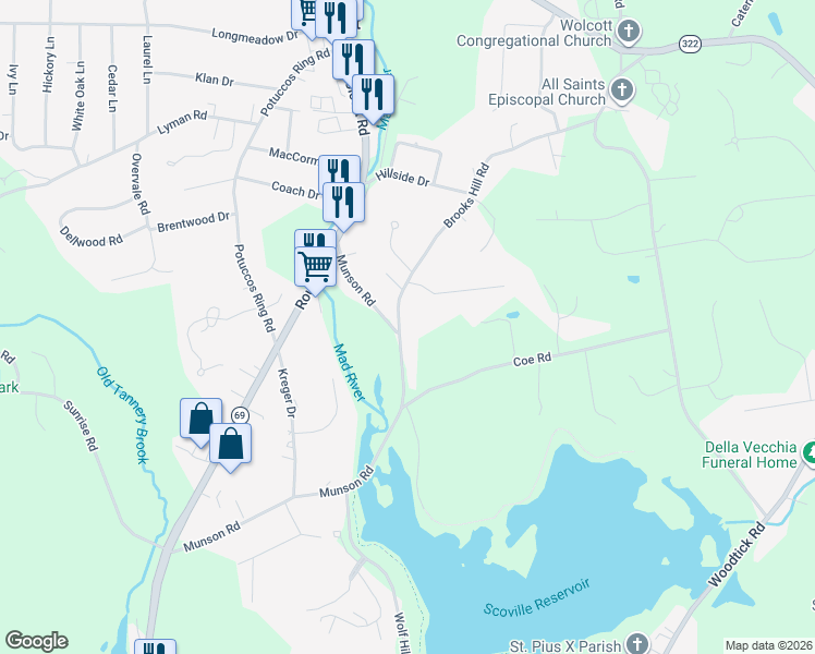 map of restaurants, bars, coffee shops, grocery stores, and more near 191 Brooks Hill Road in Wolcott