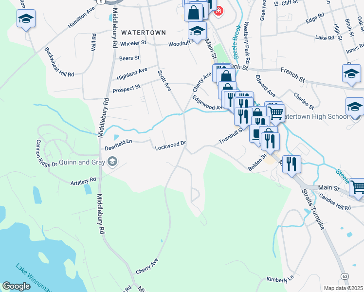 map of restaurants, bars, coffee shops, grocery stores, and more near 15 Lockwood Drive in Watertown