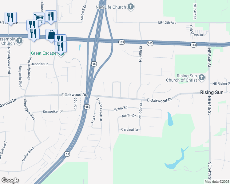 map of restaurants, bars, coffee shops, grocery stores, and more near 425 Ridgewood Boulevard in Pleasant Hill
