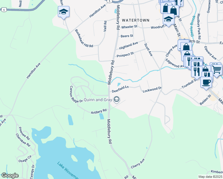 map of restaurants, bars, coffee shops, grocery stores, and more near 9 Deerfield Lane in Watertown