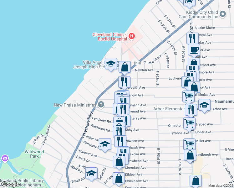 map of restaurants, bars, coffee shops, grocery stores, and more near 532 East 185th Street in Cleveland