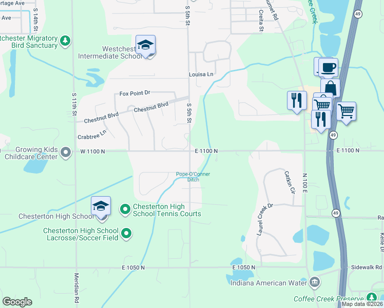 map of restaurants, bars, coffee shops, grocery stores, and more near 1099 North 50 East in Chesterton