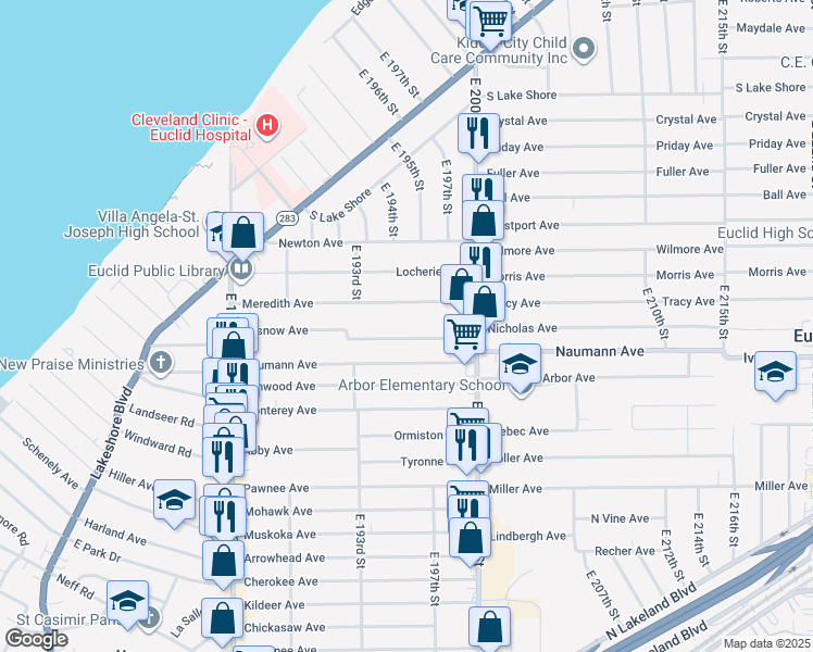 map of restaurants, bars, coffee shops, grocery stores, and more near 19561 Pasnow Avenue in Euclid