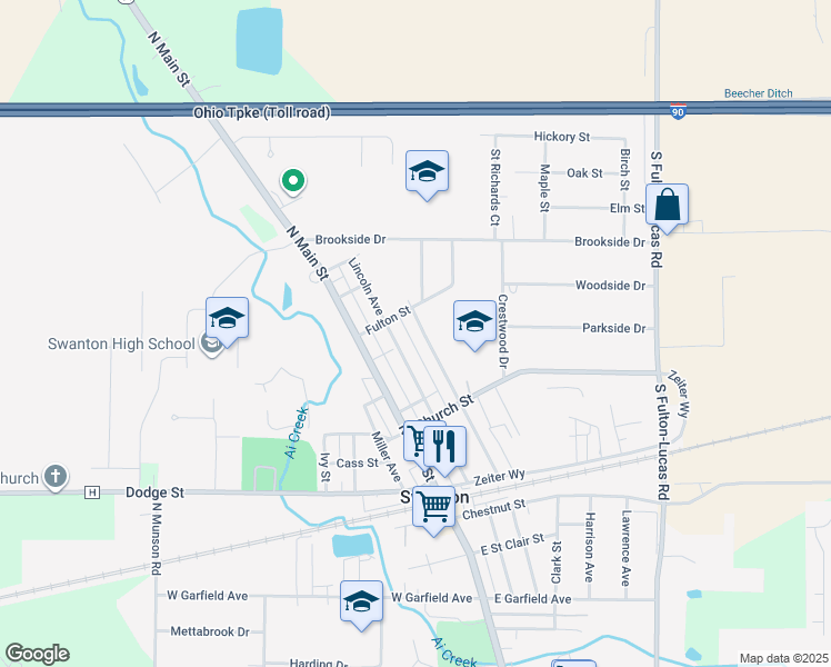 map of restaurants, bars, coffee shops, grocery stores, and more near 225 Woodland Ave in Swanton