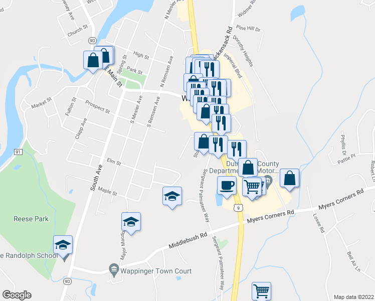map of restaurants, bars, coffee shops, grocery stores, and more near 48 Wenliss Terrace in Wappingers Falls
