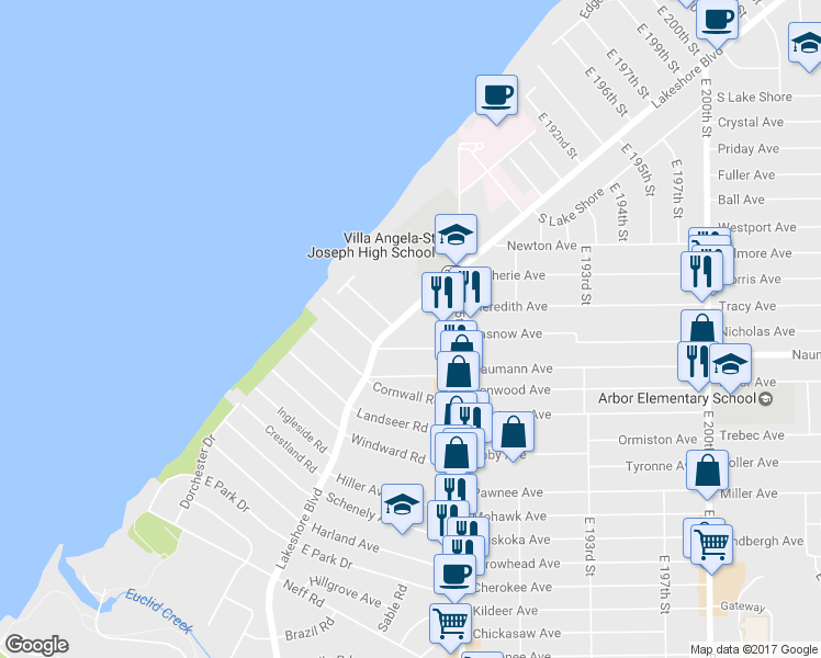 map of restaurants, bars, coffee shops, grocery stores, and more near 18420 Lakeshore Boulevard in Cleveland
