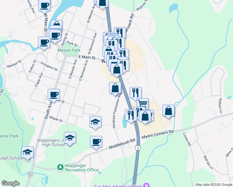 map of restaurants, bars, coffee shops, grocery stores, and more near 16 Stuart Avenue in Wappingers Falls