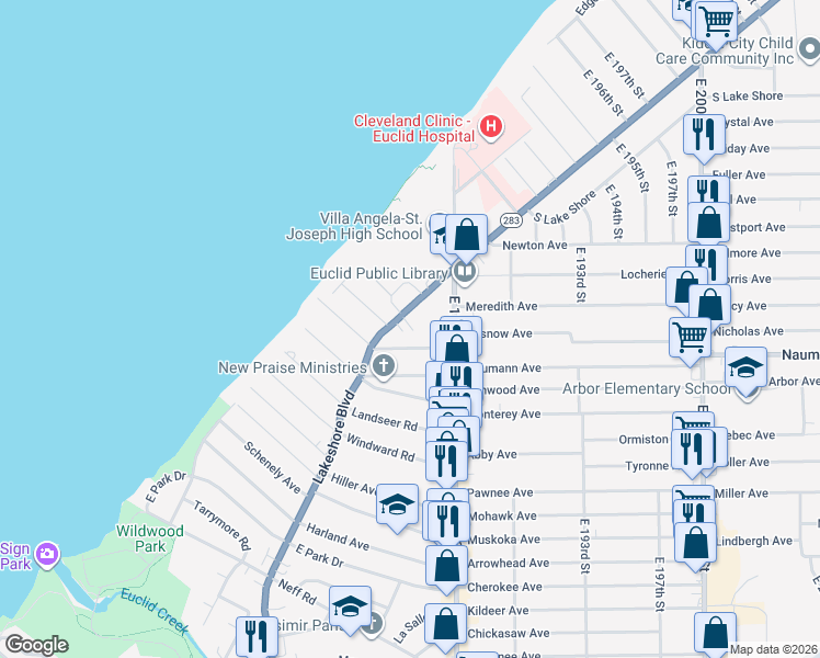 map of restaurants, bars, coffee shops, grocery stores, and more near 18420 Lakeshore Boulevard in Cleveland