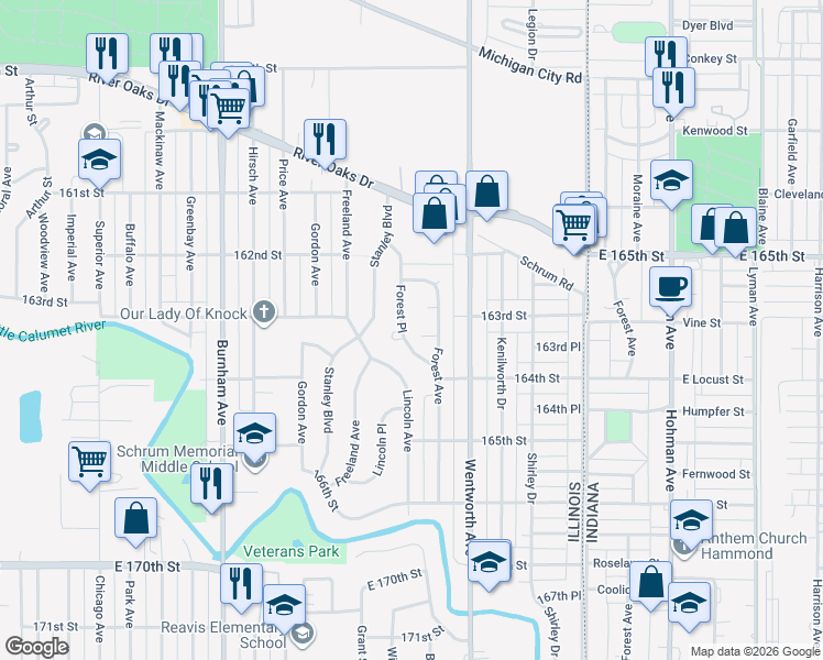 map of restaurants, bars, coffee shops, grocery stores, and more near 1411 Forest Place in Calumet City