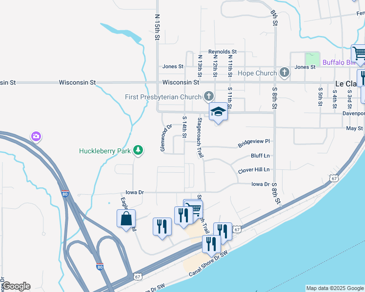 map of restaurants, bars, coffee shops, grocery stores, and more near 1464 Kaylann Drive in Le Claire