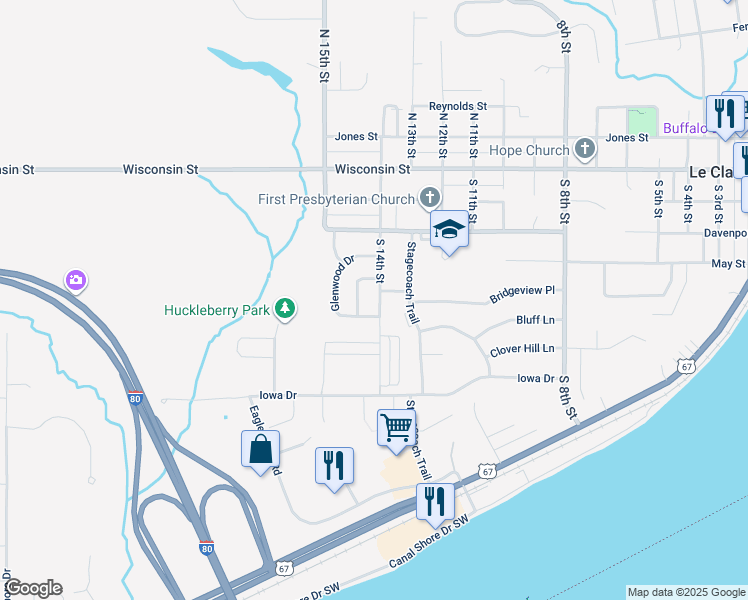 map of restaurants, bars, coffee shops, grocery stores, and more near 1464 Kaylann Drive in Le Claire