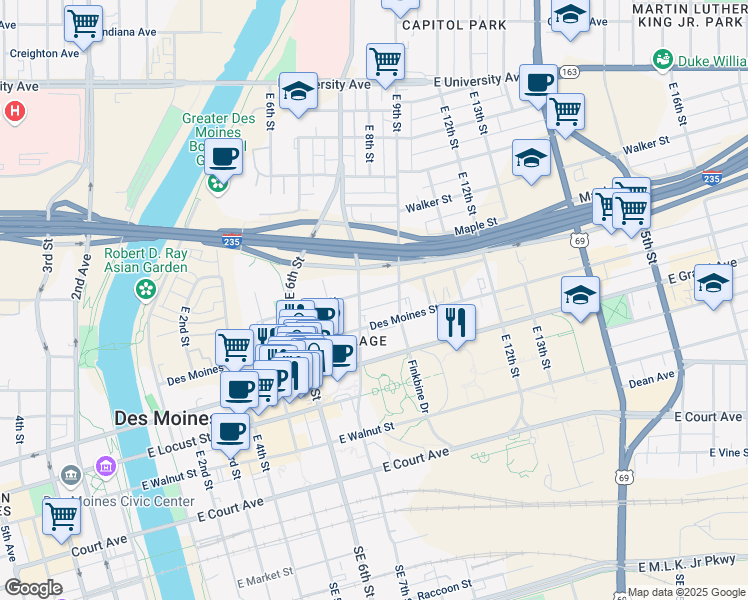 map of restaurants, bars, coffee shops, grocery stores, and more near 809 Lyon Street in Des Moines