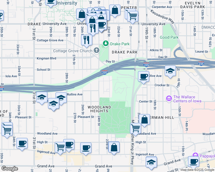 map of restaurants, bars, coffee shops, grocery stores, and more near 929 23rd Street in Des Moines