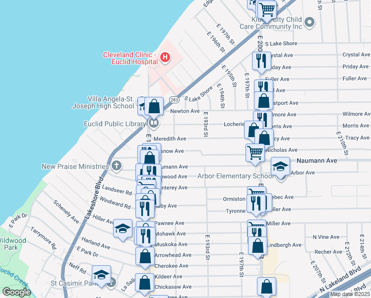 map of restaurants, bars, coffee shops, grocery stores, and more near 19001 Pasnow Avenue in Euclid