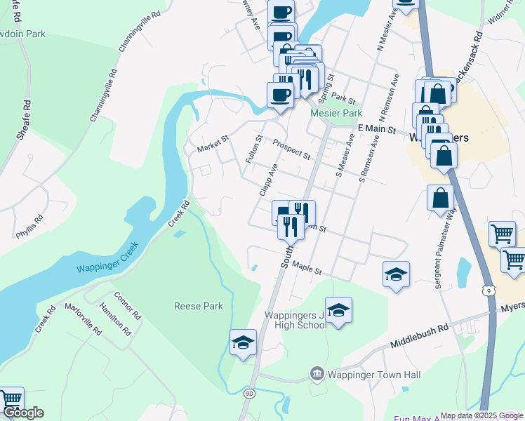 map of restaurants, bars, coffee shops, grocery stores, and more near 3 Elm Street in Wappingers Falls