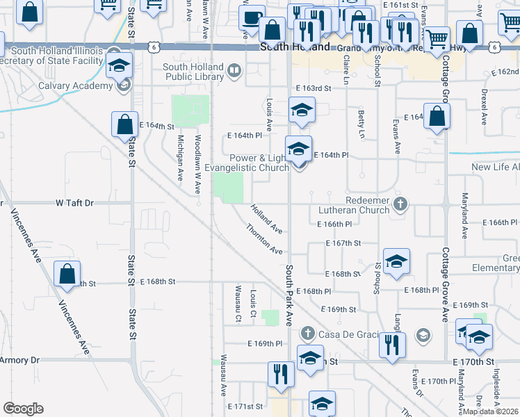 map of restaurants, bars, coffee shops, grocery stores, and more near 16607 Holland Avenue in South Holland