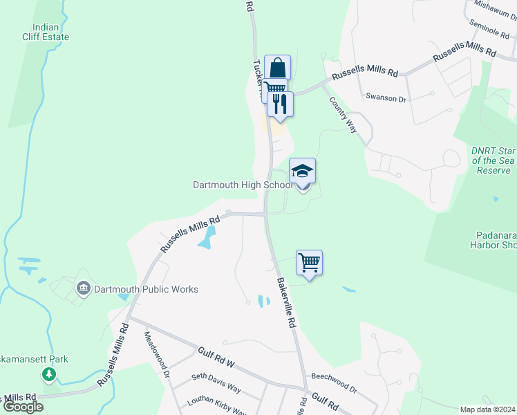 map of restaurants, bars, coffee shops, grocery stores, and more near 623 Russells Mills Road in Dartmouth