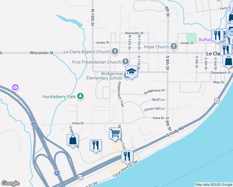 map of restaurants, bars, coffee shops, grocery stores, and more near 402 Stagecoach Trail in Le Claire