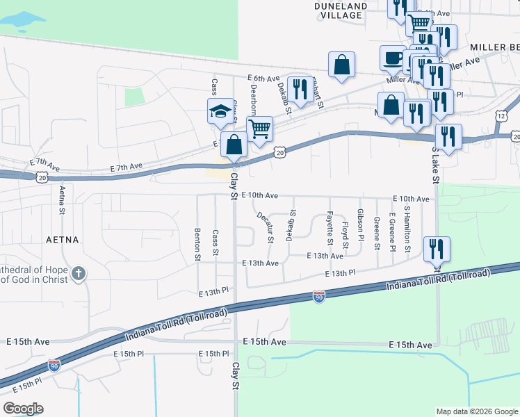 map of restaurants, bars, coffee shops, grocery stores, and more near 1031 Decatur Street in Gary