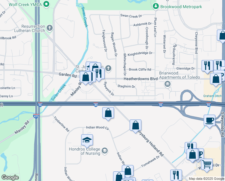 map of restaurants, bars, coffee shops, grocery stores, and more near 5848 Ryewyck Dr in Toledo
