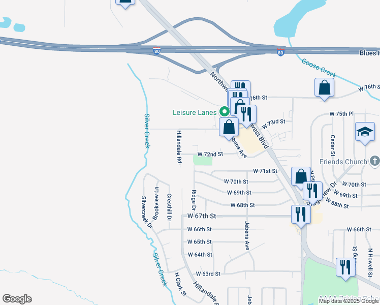 map of restaurants, bars, coffee shops, grocery stores, and more near 3006 West 72nd Street in Davenport